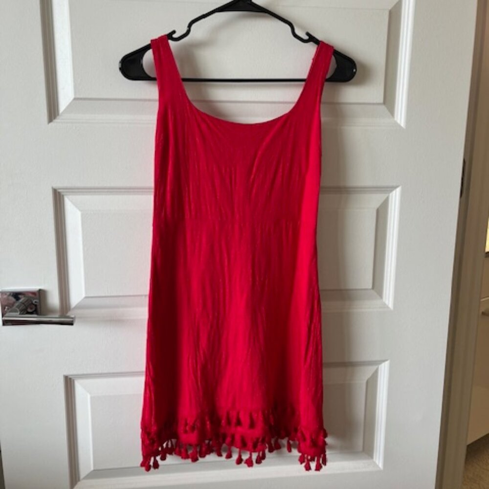 Red Lulus Mini Dress with Pom Poms on Hem